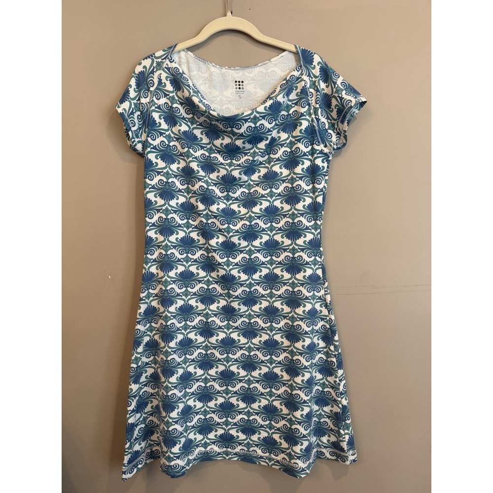 Title Nine‎ Majestic Dress Cowl Neck Blue Fleur Baroque Fanfare Print Size Small
